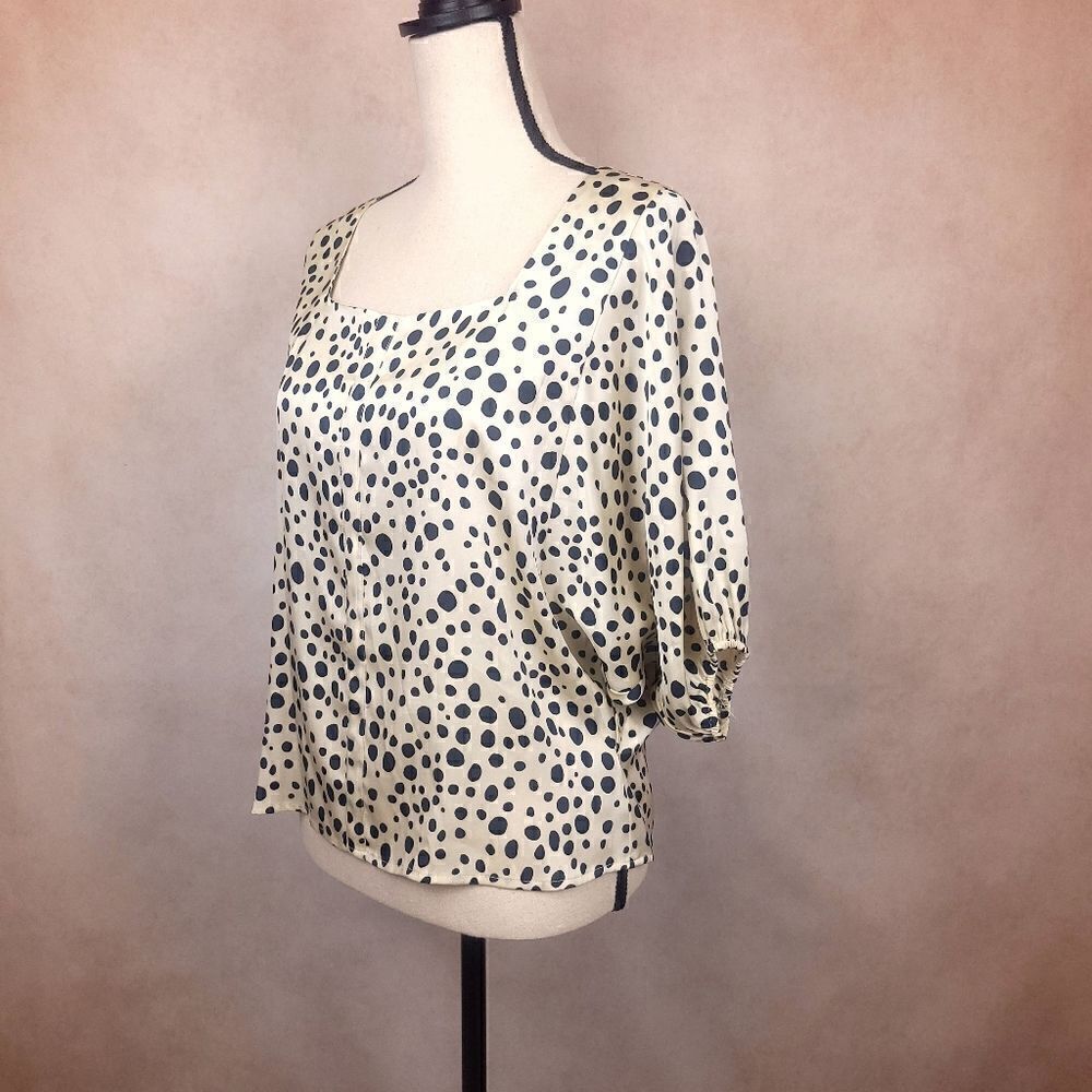 Tucker Cream And Black Polka Dot Dolman Sleeve Loose Boho Silk Blouse Size Med
